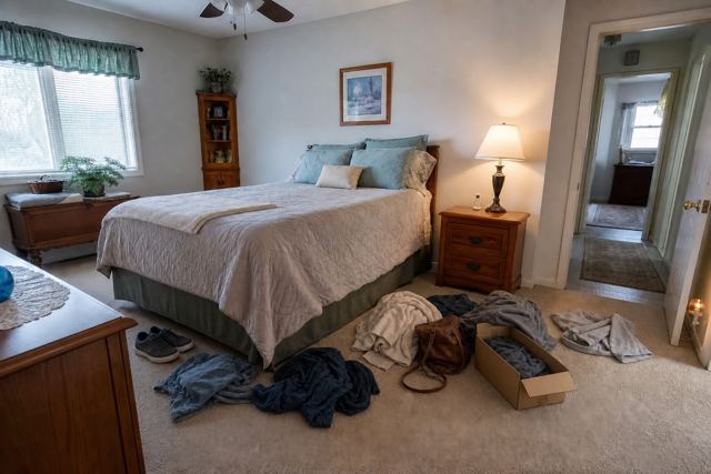 bedroom: Floor clutter around bed