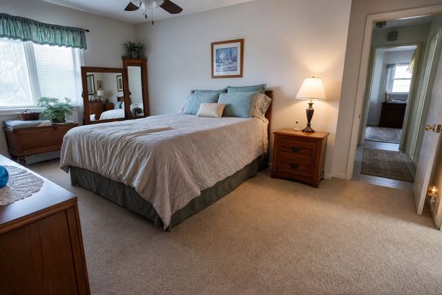 bedroom: Large mirror facing the bed