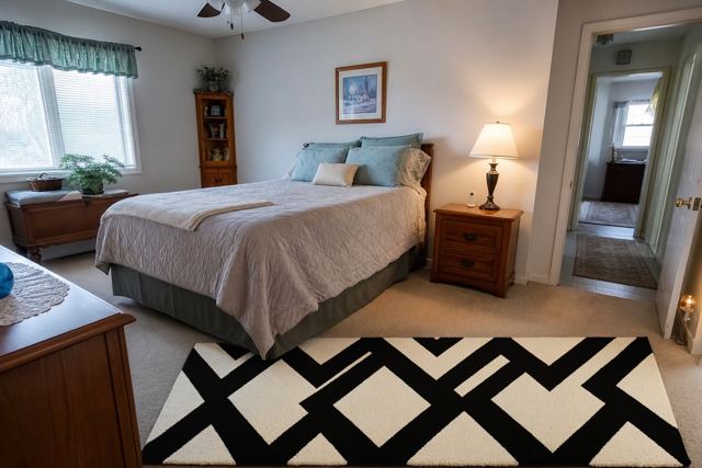 bedroom: Bold high-contrast patterned rug