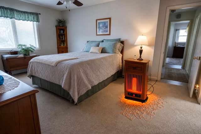 bedroom: Space heater next to bedding
