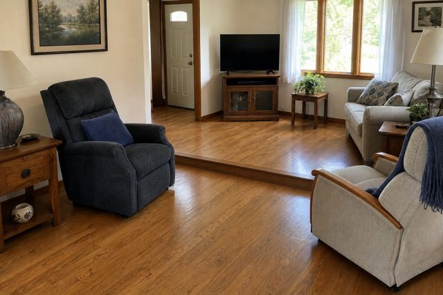 living: Unmarked level change / step-down between rooms