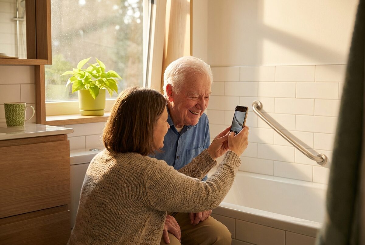 A daughter scanning a bright bathroom with her phone while her father looks on