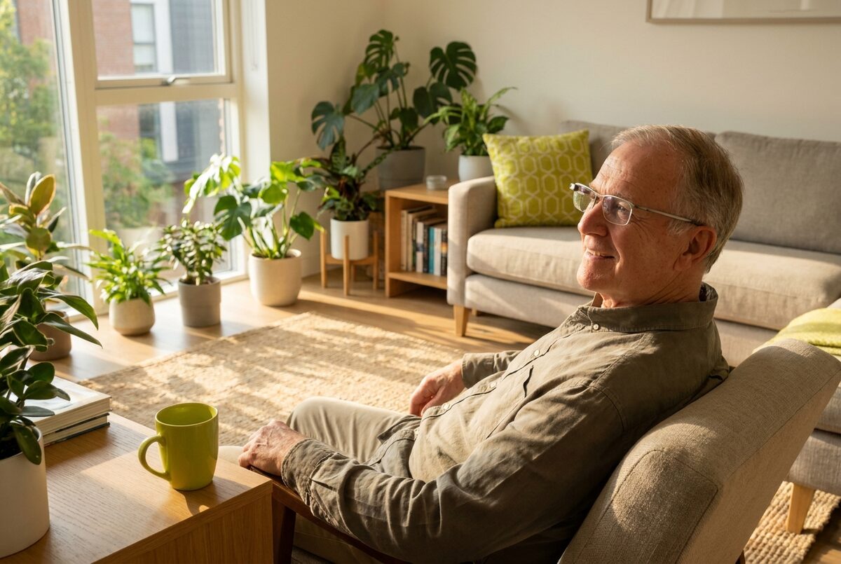 An older man wearing smart glasses in a sunny living room
