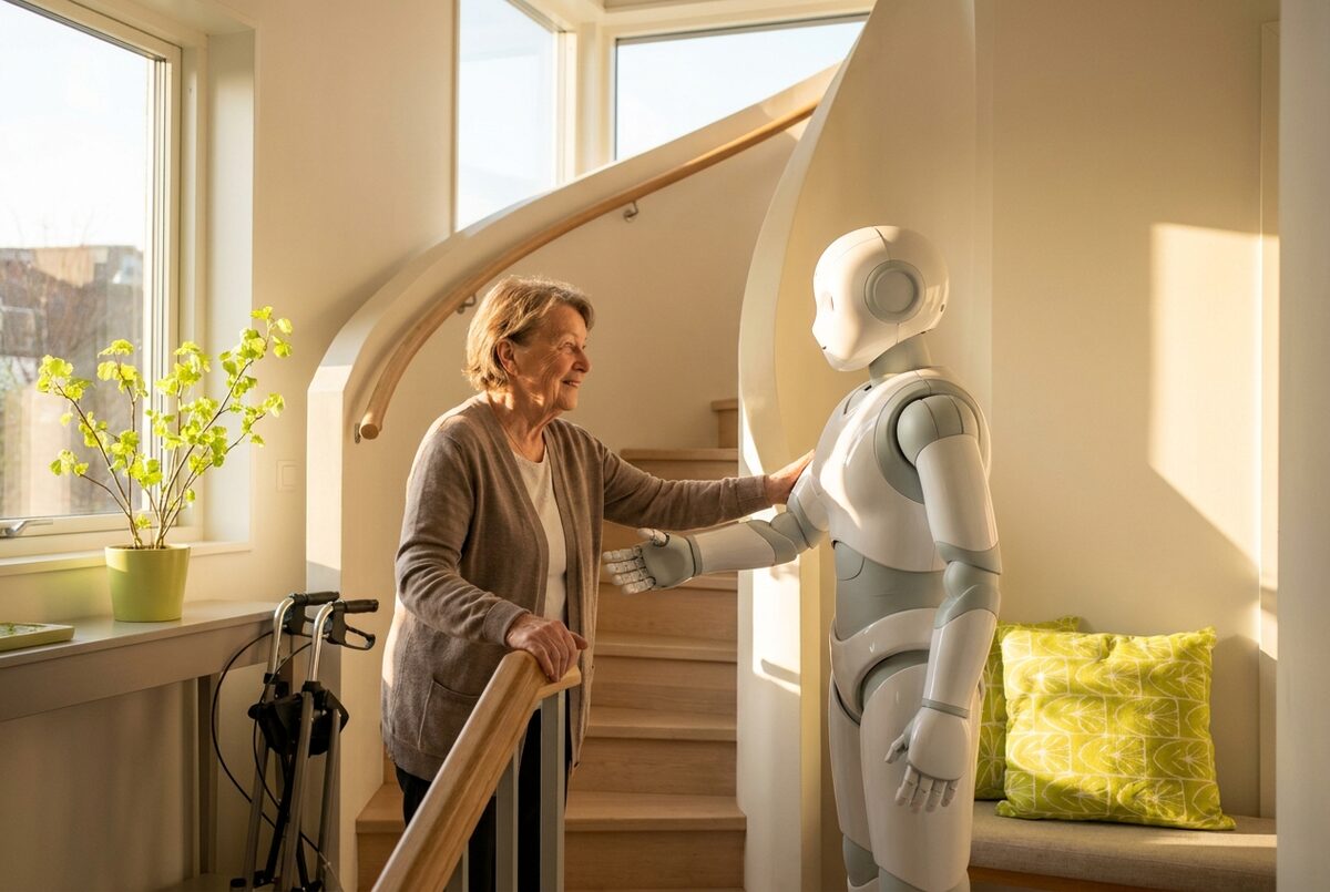A white humanoid home robot beside an older woman at a sunlit staircase, her walker parked nearby