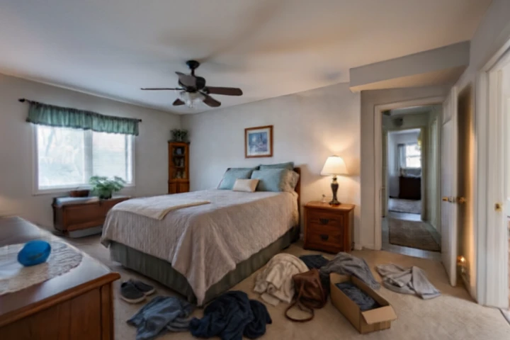 Bedroom with floor clutter